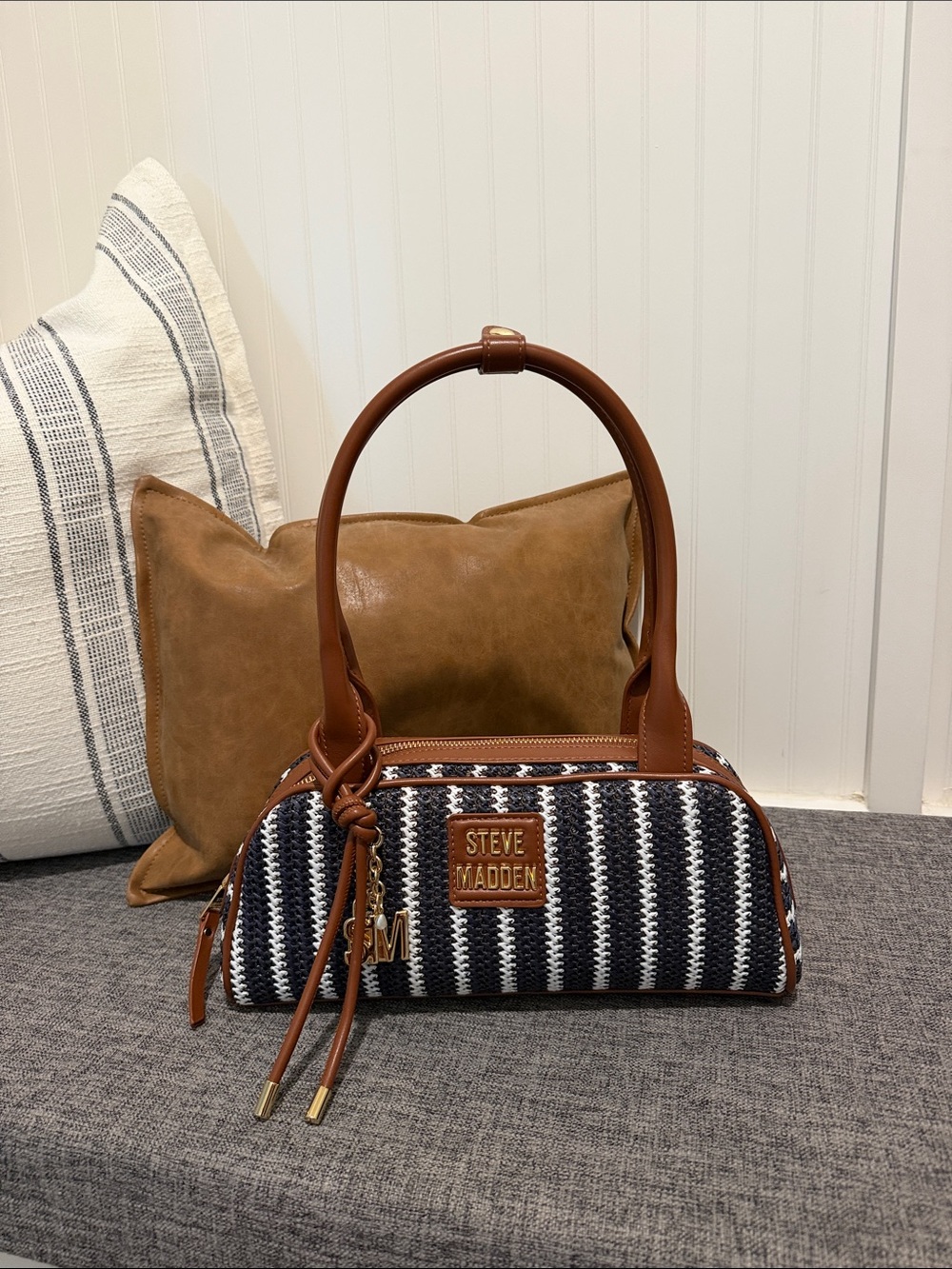Steve Madden Black & White Striped Mini Barrel Satchel with Tan Trim
